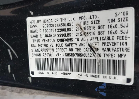 2006 Honda Cr-V Ex from USA, damaged, VIN SHSRD788X6U427476